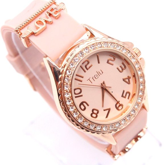 Trelu Watch Womens Gold Tone Stainless Steel Rhinestones Dial Pink Rubber Band - Picture 1 of 8